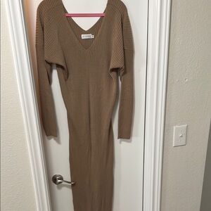 V-Neck Ribbed Knit Dress - Brown